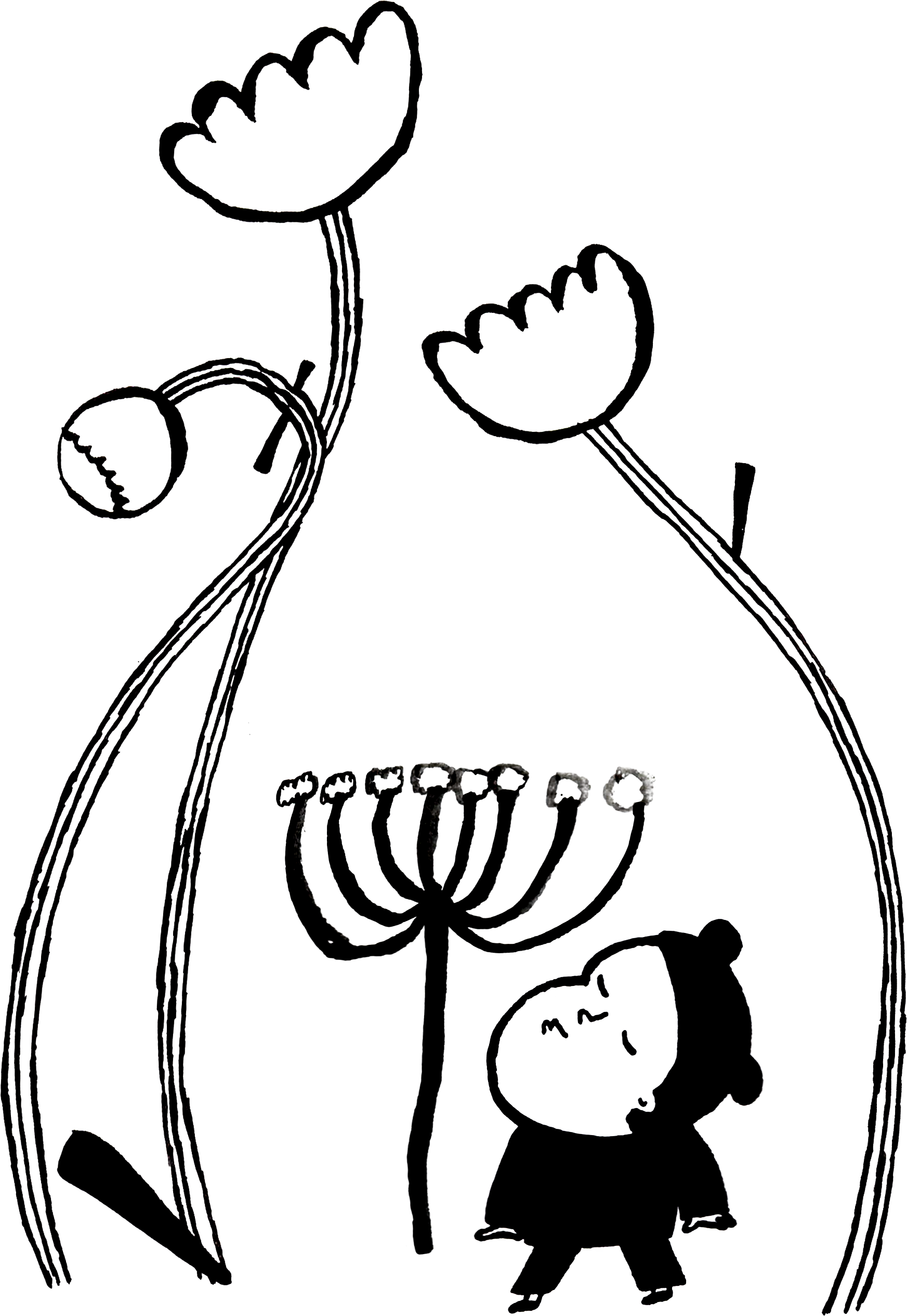 Mannetje tussen de bloemen_zwart Illustratie van Lore Schuerman in zwarte lijntekening. Persoon tussen de bloemen.